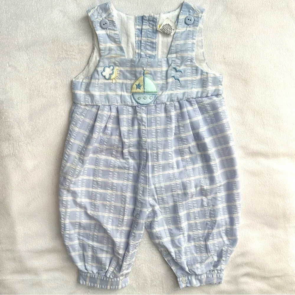 Vintage Overalls Romper Blue & White Plaid Baby Boy 3/6M Sailboat Boat Sun Scene